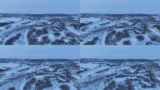航拍冰雪覆盖的湿地河湾暮色高清在线视频素材下载