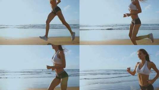 女性沿着美丽的沙滩奔跑高清在线视频素材下载