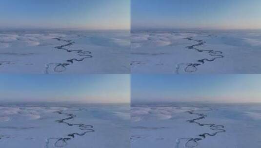 航拍内蒙古雪原蜿蜒冰河暮色高清在线视频素材下载