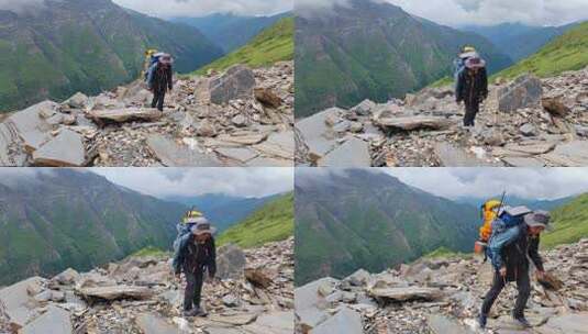 攀登甘孜党岭主峰夏羌拉雪山登山者徒步行进高清在线视频素材下载