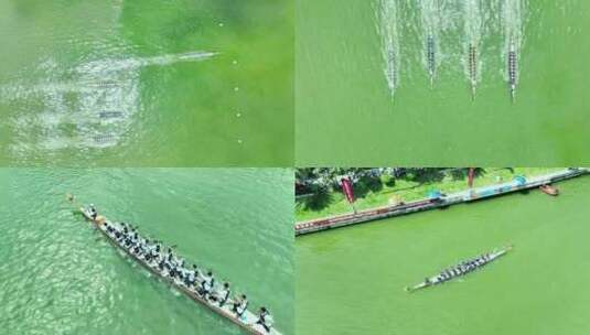 端午赛龙舟航拍湖面俯拍湖水河流水面划龙舟高清在线视频素材下载