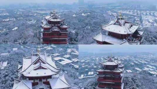 航拍杭州吴山城隍阁冬天雪景视频高清在线视频素材下载