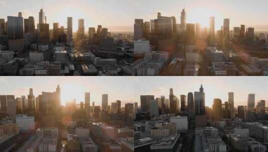 航拍洛杉矶日出阳光照射摩天大楼城市天际线高清在线视频素材下载