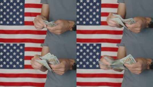 对着美国国旗数钱高清在线视频素材下载