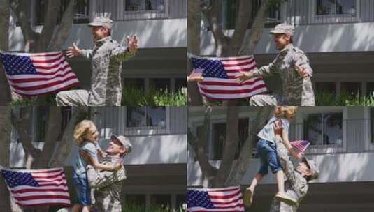 白人儿子举着美国国旗在花园里拥抱穿着制服的军人父亲高清在线视频素材下载