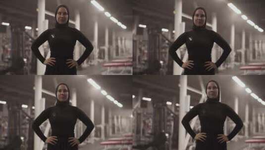健身房里骄傲的穆斯林女运动员高清在线视频素材下载