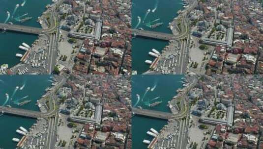 伊斯坦布尔大巴扎，博斯普鲁斯海峡大桥旁边，汽车交通和清真寺正在建设中高清在线视频素材下载