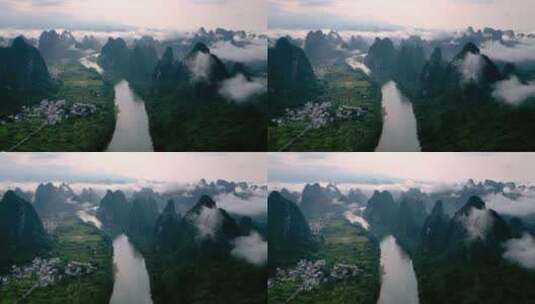 航拍桂林烟雨漓江自然风光高清在线视频素材下载