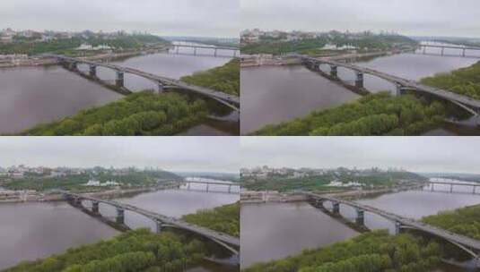 汽车行驶在奥卡河上的卡纳文桥的鸟瞰图高清在线视频素材下载