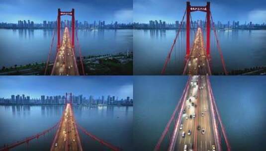 航拍傍晚武汉鹦鹉洲长江大桥高清在线视频素材下载