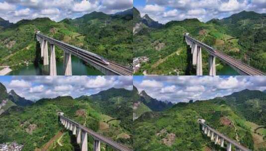 航拍广西桂林高铁穿进山洞高清在线视频素材下载