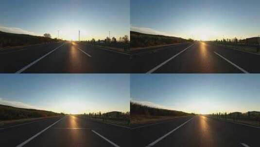 夕阳下汽车行驶在高速公路第一视角高清在线视频素材下载