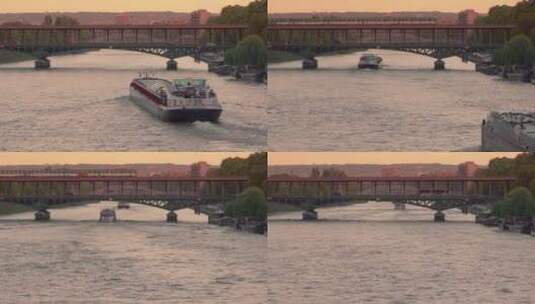 傍晚塞纳河上的驳船和桥梁高清在线视频素材下载