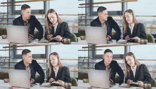 一男一女在明亮的现代办公室里讨论工作。关心的男性和女性工作高清在线视频素材下载