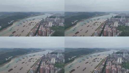航拍珠江西江水道大批货船码头广西梧州港高清在线视频素材下载