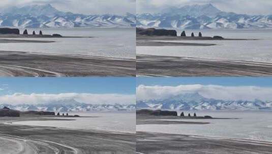 风景冰封的纳木措，三生石环绕航拍高清在线视频素材下载