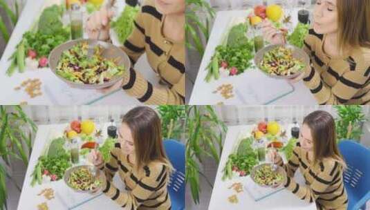 健康饮食。节食的年轻女性吃沙拉。高清在线视频素材下载
