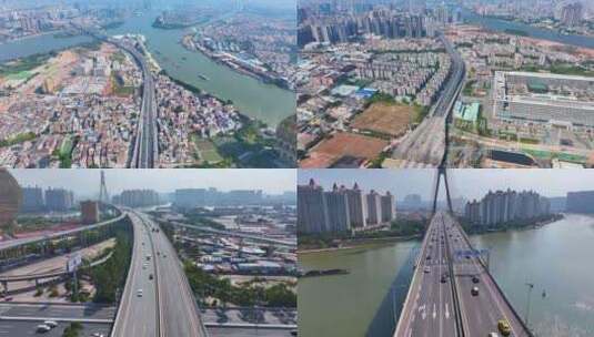 广州番禺区东沙立交桥大桥航拍车流东新高速高清在线视频素材下载
