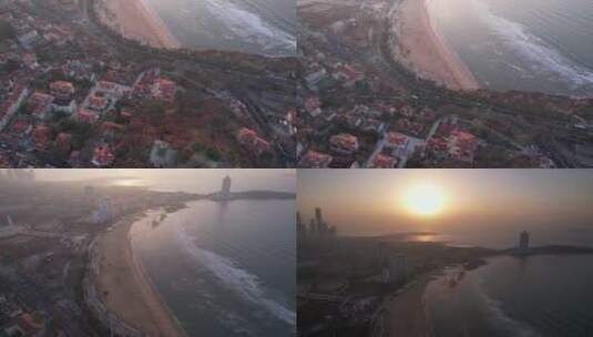 4K青岛红瓦建筑滨海沙滩眺望日出航拍视频高清在线视频素材下载