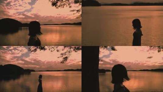 黄昏孤独忧郁的美女独自走在水边剪影高清在线视频素材下载