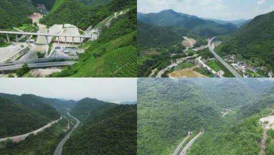 航拍大山中的高速公路高铁轨道高清在线视频素材下载