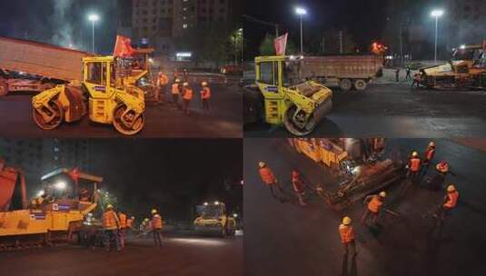 城市夜晚道路抢修过年路面翻修夜晚加班航拍高清在线视频素材下载