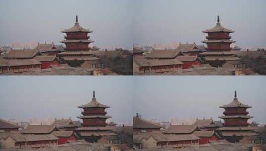 山西大同华严寺古建筑中的多层塔楼景观高清在线视频素材下载