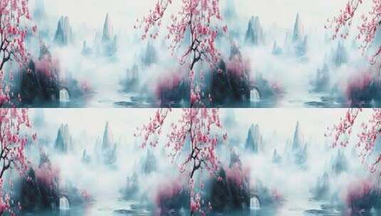 云雾缭绕山间的春日桃花美景高清在线视频素材下载