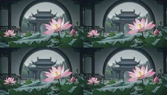 夏天荷花窗棂特写唯美中国风古典意境高清在线视频素材下载