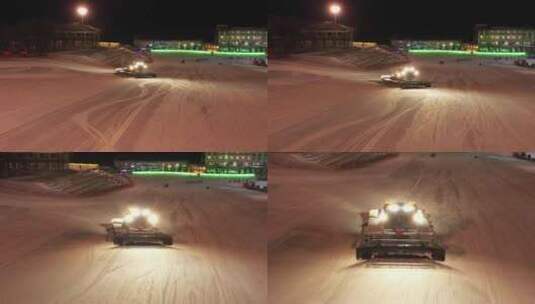 航拍吉林省长春市庙香山滑雪场压雪车工作高清在线视频素材下载