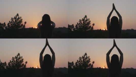 人日落时分做瑜伽的剪影高清在线视频素材下载