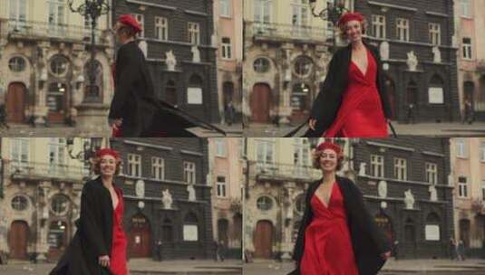 女人穿红色连衣裙在摆拍高清在线视频素材下载