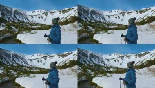 年轻女子冬天在山里旅行高清在线视频素材下载
