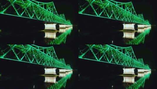 鸭绿江跨江铁桥绿色夜景灯光高清在线视频素材下载