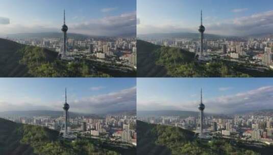 青海西宁浦宁之珠电视塔地标建筑城市风光高清在线视频素材下载