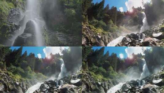 仰拍山上瀑布水流高清在线视频素材下载