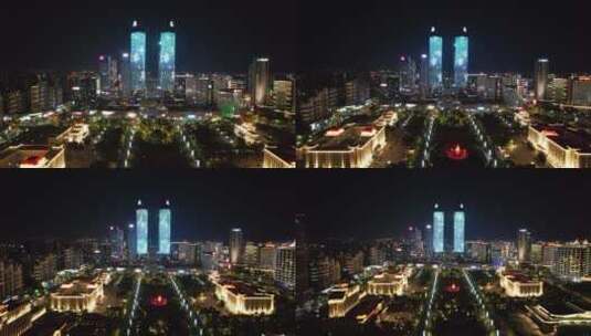 江西南昌绿地双子塔夜景灯光航拍高清在线视频素材下载