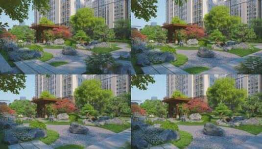 小区新中式园林景观三维动画高清在线视频素材下载