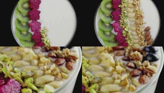 酸奶杯上摆放坚果水果高清在线视频素材下载