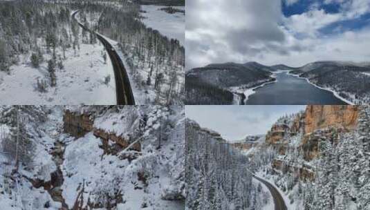 航拍汽车行驶森林雪景冰天雪地高清在线视频素材下载