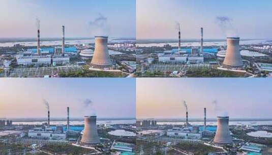 江畔电厂黄昏航拍延时高清在线视频素材下载