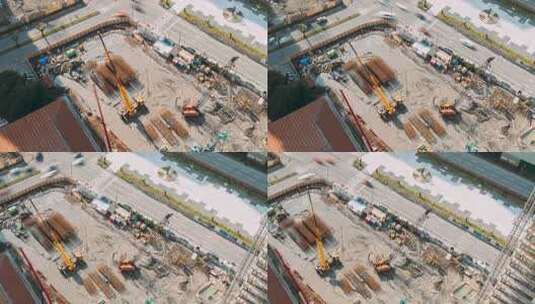 施工现场施工中的施工起重机和挖掘机机械高清在线视频素材下载