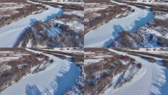 航拍北方雪原丛林河流高清在线视频素材下载