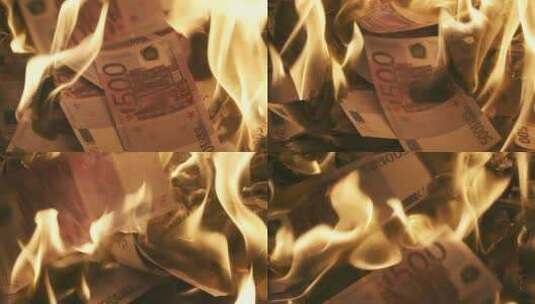 一堆燃烧的欧元钞票高清在线视频素材下载