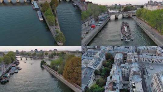城市航拍法国巴黎塞纳河畔游艇桥梁古典建筑高清在线视频素材下载