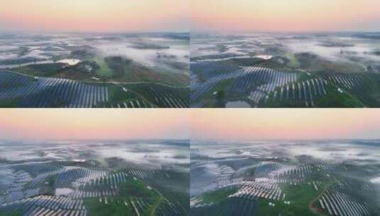 清晨带着薄雾的山坡光伏发电站航拍高清在线视频素材下载