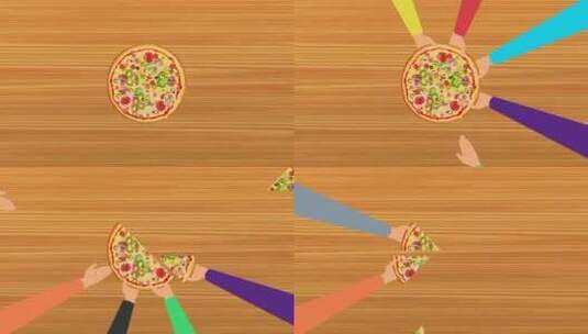 桌面上的披萨大家一起吃美食家庭动画高清在线视频素材下载
