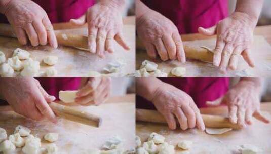 奶奶包饺子擀饺子皮特写高清在线视频素材下载