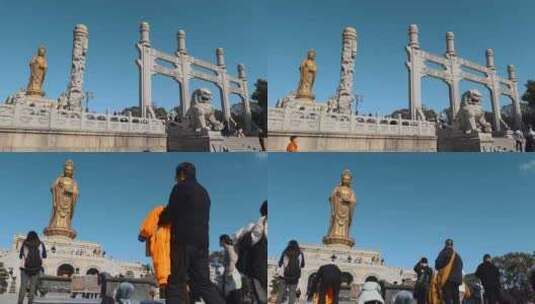 舟山旅游普陀山南海观音铜像全景牌楼高清在线视频素材下载