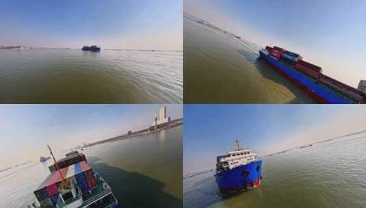 穿越机航拍长江轮船航道运输海轮高清在线视频素材下载